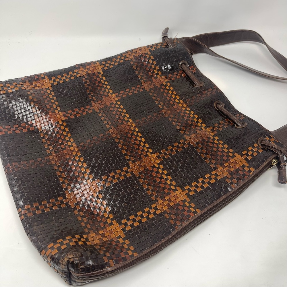 Vintage CEM Woven Leather Shoulder Bag | Brown Check | Boho Artisan Tote - Picture 4 of 13
